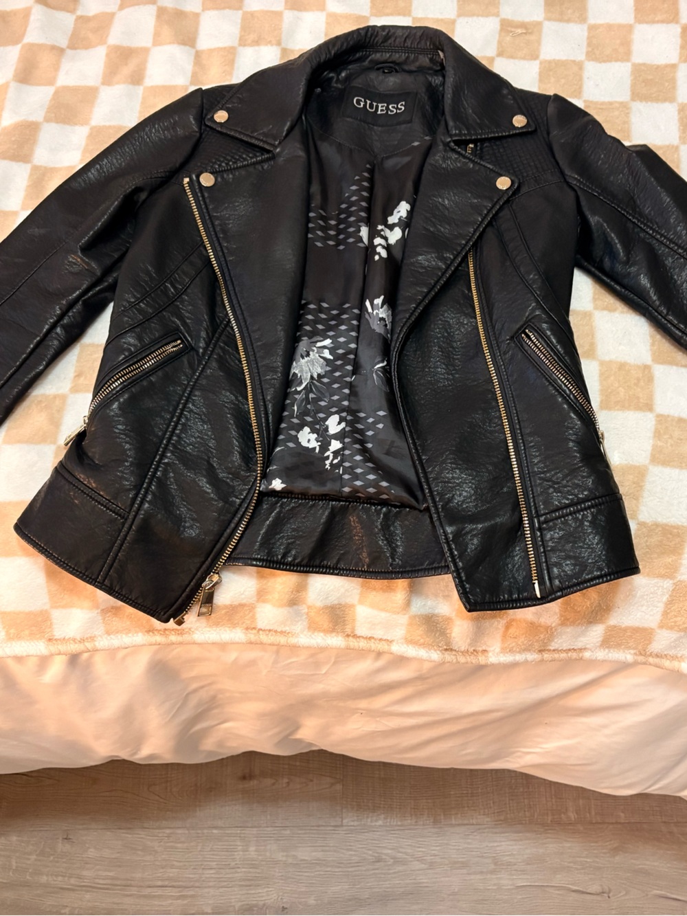 GUESS Black Leather Jacket with Gold Hardware